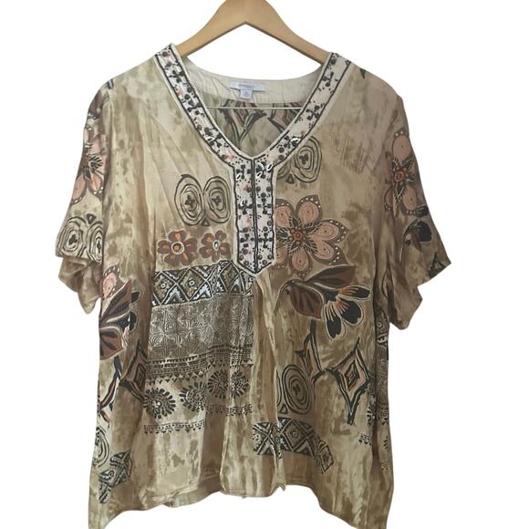 Tribal Bohemian Large Beaded V-Neck Soft Loose Casual Fall Short Sleeve Shirt - Picture 1 of 7